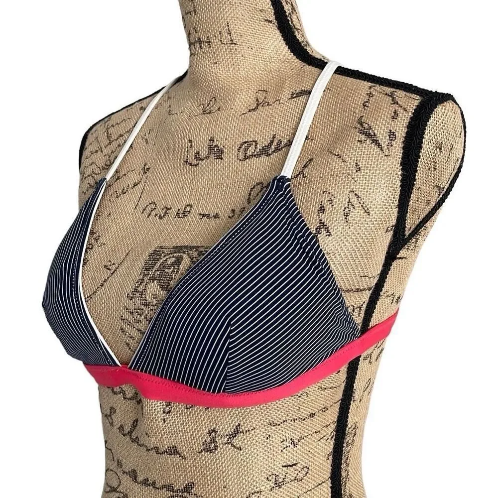 EUC Athleta Navy Blue White Pink Trim Triangle Bikini Top - Small